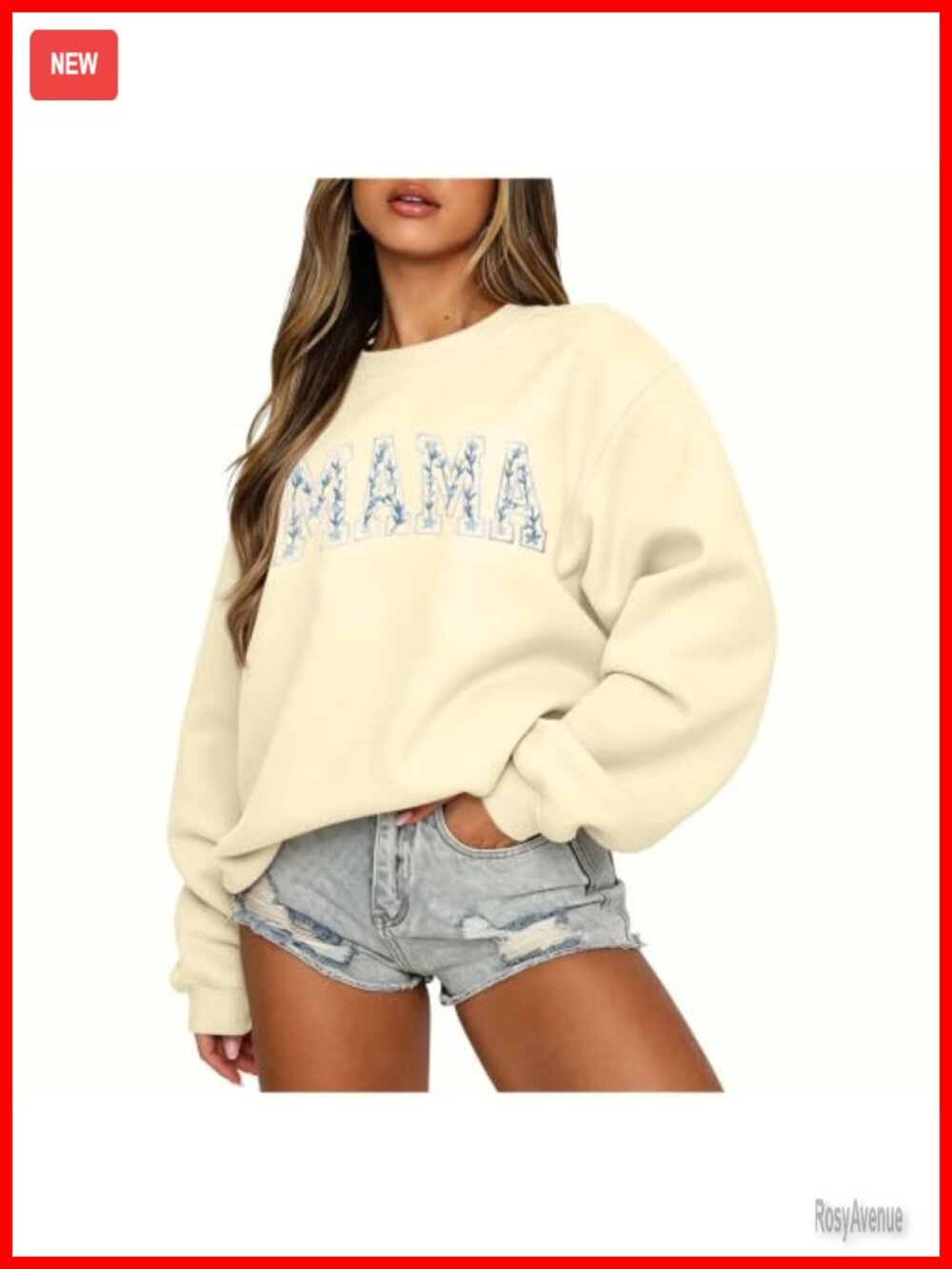 Oversized Crewneck Sweatshirt Floral Embroidered Mama Grandma Pullover